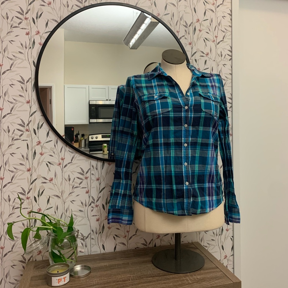Blue and green plaid button up
